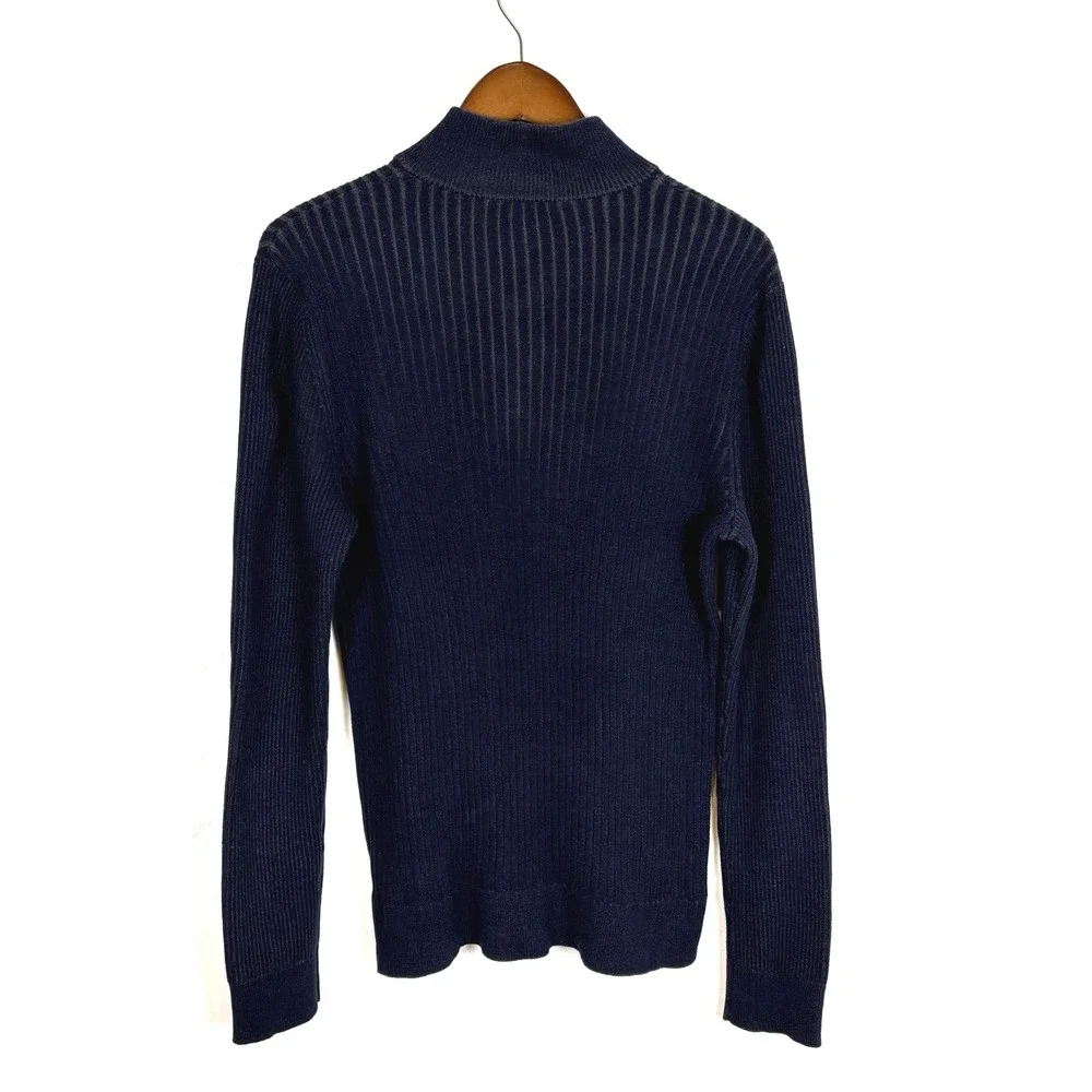 Express Men's Sweater Size L Navy‎ Blue 1/4 Zip and Snap Ribbed Stretch Fitted